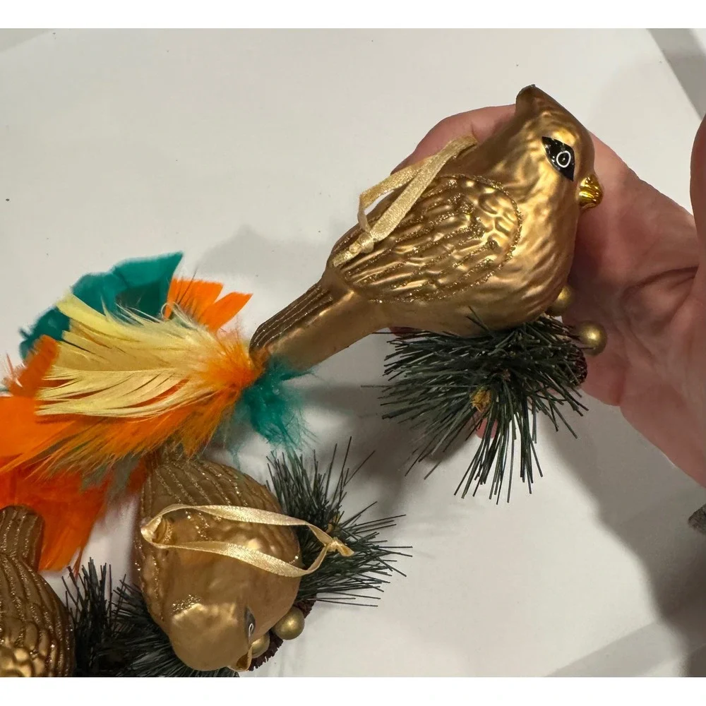 Vintage Style Gold Bird Christmas Ornaments Set of 3 Feather Tails Pine Accents